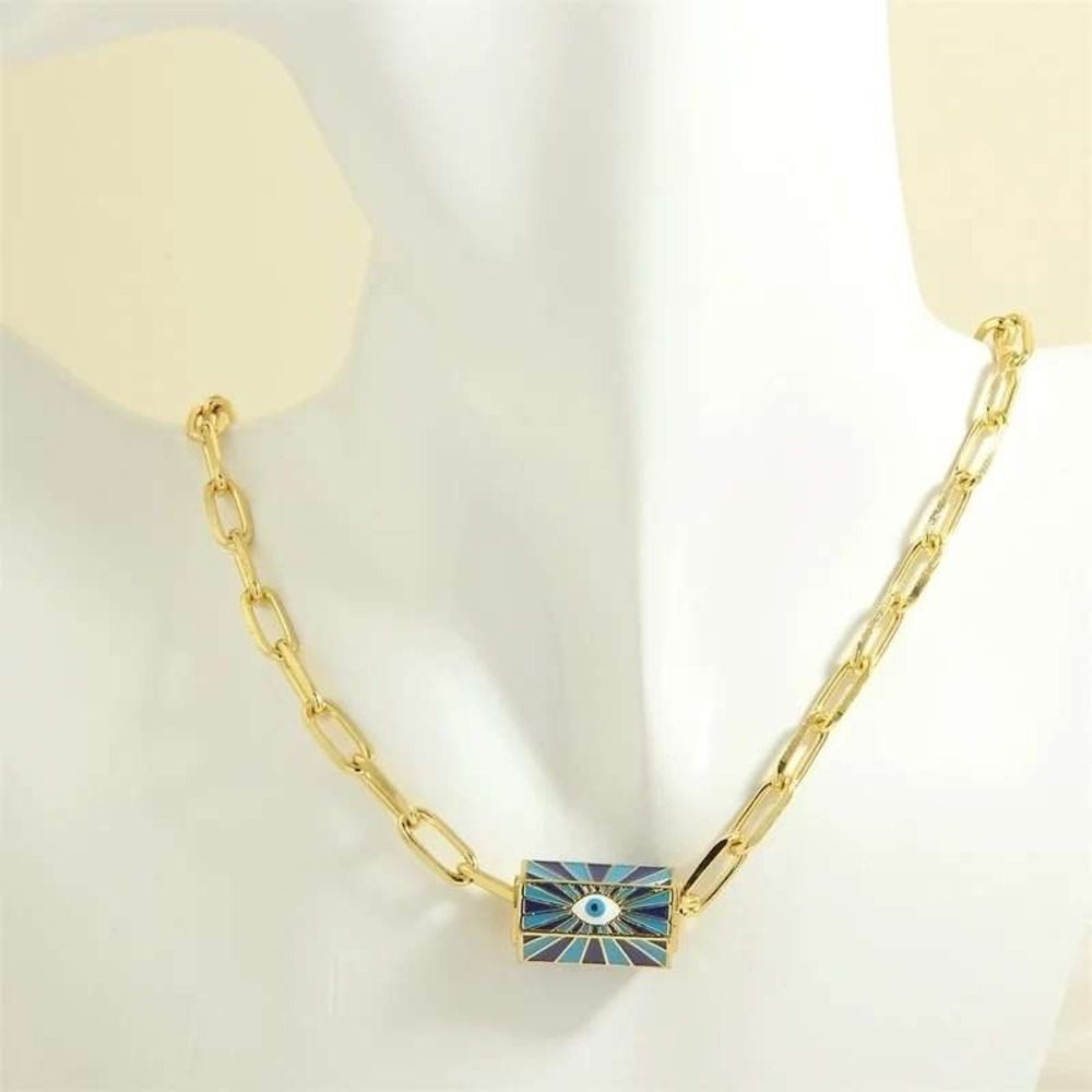 18K Gold Plated Paperclip Chain‎ Necklace Evil Eye Enamel Pendant Blue Geometric